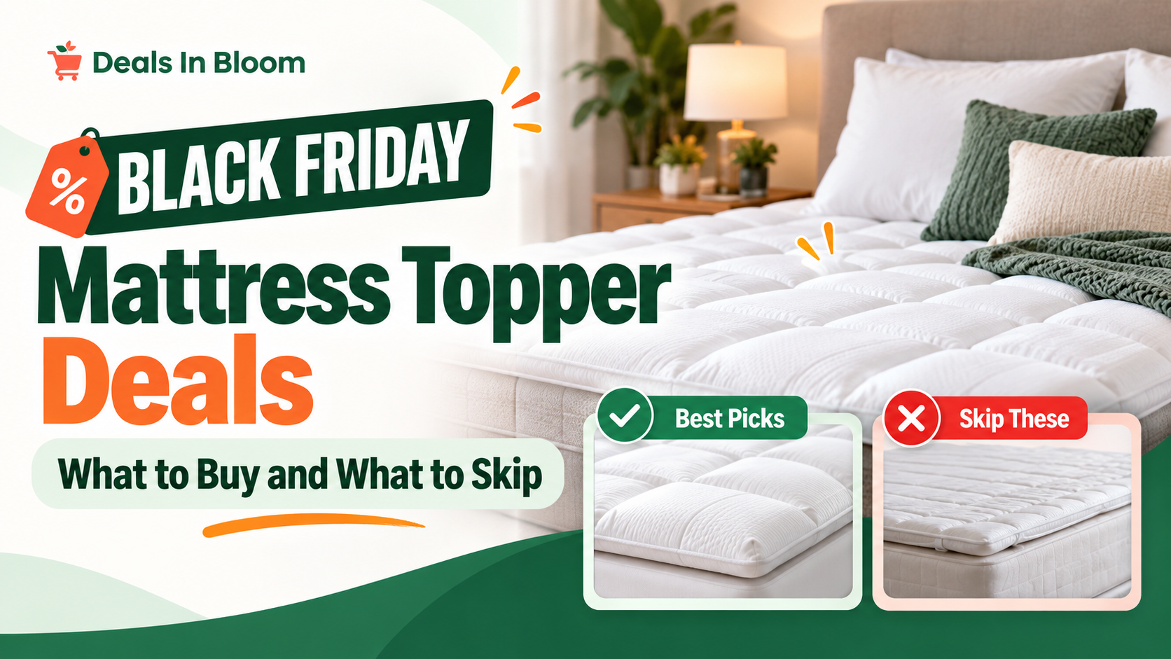 Black Friday mattress topper deals featuring memory foam and latex toppers on a queen size bed